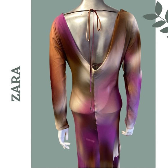 Zara Watercolor Floor Length Chiffon Evening Dress Backless Lined Size Large - Picture 8 of 9